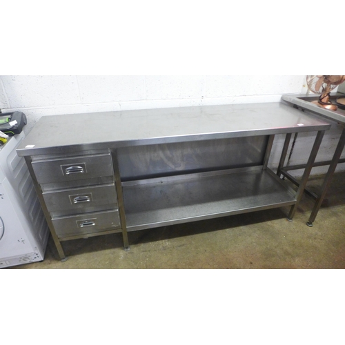 2148 - A 187cm x 55cm stainless steel industrial catering prep table with 3 drawers