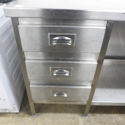 2148 - A 187cm x 55cm stainless steel industrial catering prep table with 3 drawers