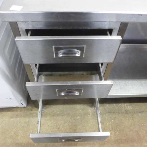 2148 - A 187cm x 55cm stainless steel industrial catering prep table with 3 drawers