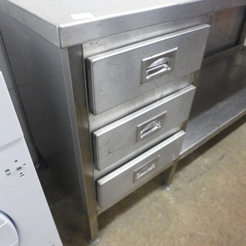 2148 - A 187cm x 55cm stainless steel industrial catering prep table with 3 drawers