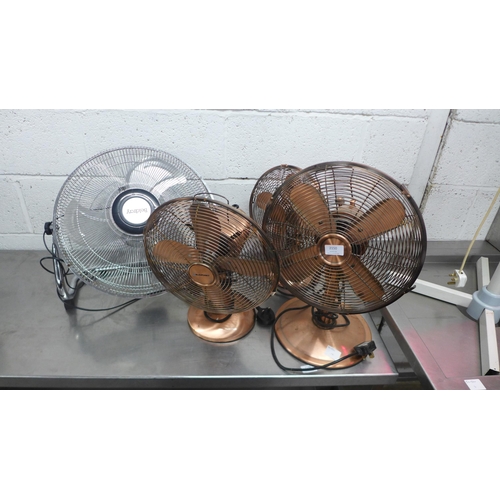 2150 - Four assorted stainless steel fans including desk fans and box fan