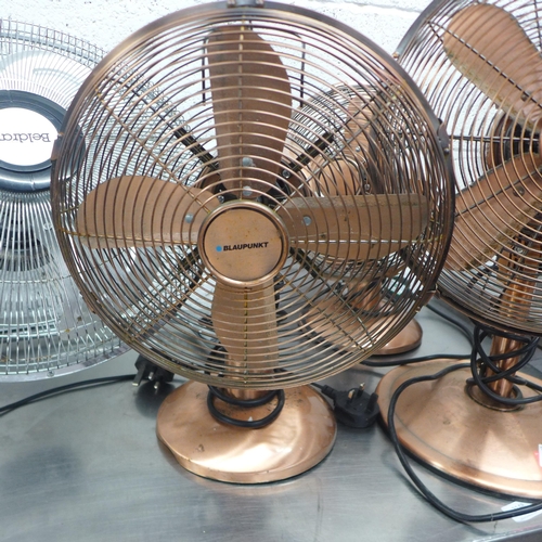 2150 - Four assorted stainless steel fans including desk fans and box fan