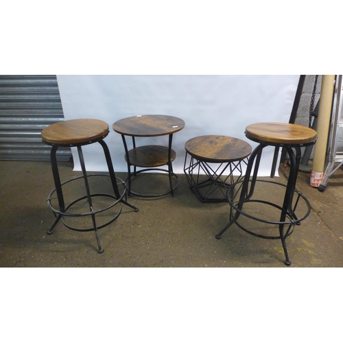 2163 - Industrial styled furniture including two antique oak effect and metal adjustable height bar stools,... 