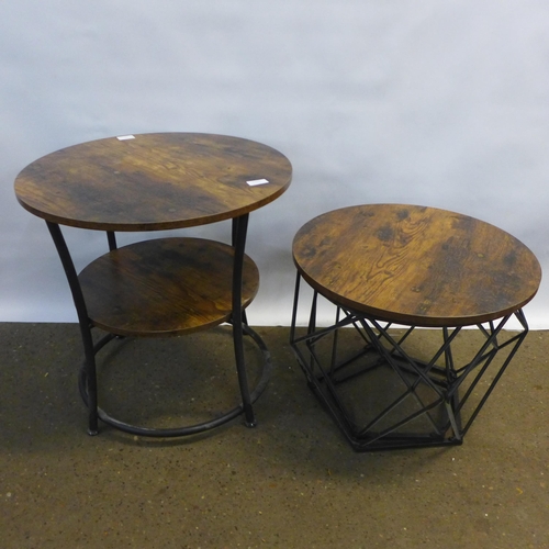 2163 - Industrial styled furniture including two antique oak effect and metal adjustable height bar stools,... 