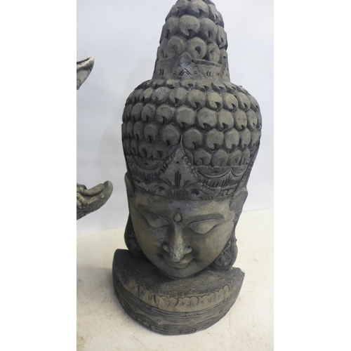 2183 - A 65cm, two tier antique effect concrete pagoda and a 60cm antique effect concrete Buddha bust ornam... 