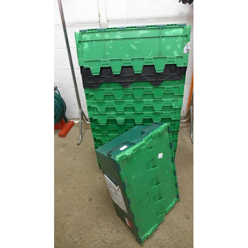 2226 - 12 Green plastic stackable storage baskets with folding tops, depth 10