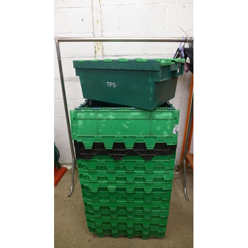 2226 - 12 Green plastic stackable storage baskets with folding tops, depth 10