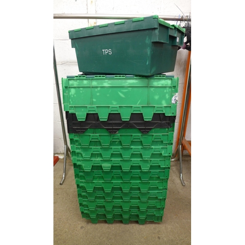 2227 - 12 Green plastic stackable storage baskets with folding tops, depth 10