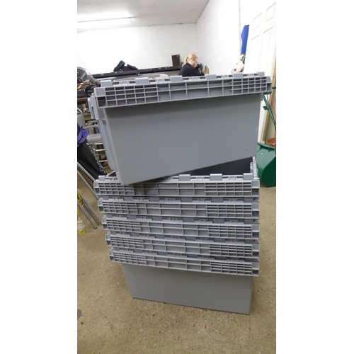 2228 - 6 Grey plastic stackable storage baskets, depth 1ft x length 2ft x width 18