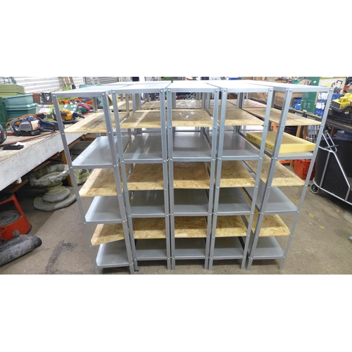 2238 - Five metal 7-section workshop racking bays with metal and chipboard shelving