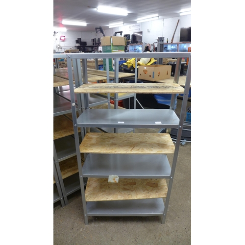 2238 - Five metal 7-section workshop racking bays with metal and chipboard shelving