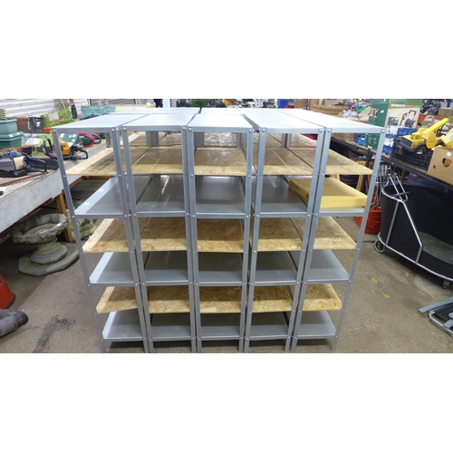 2239 - Five metal 7-section workshop racking bays with metal and chipboard shelving