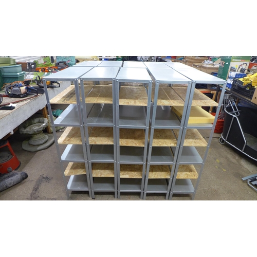 2239 - Five metal 7-section workshop racking bays with metal and chipboard shelving