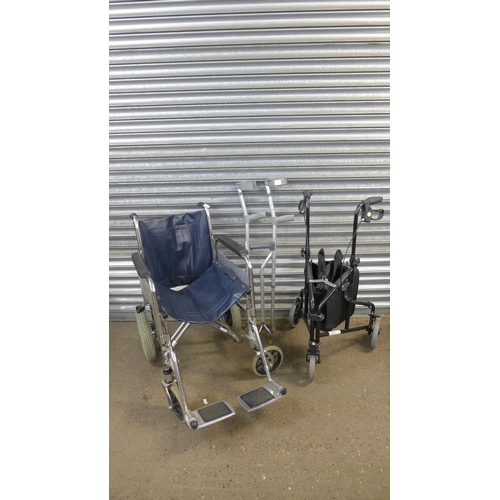 2241 - A Roma medical wheelchair with 3 wheel walker, a pair of crutches and a walking stick