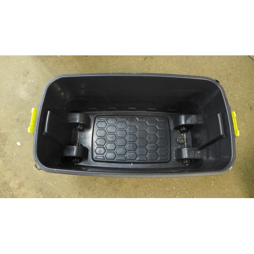 2253 - Two large black plastic mobile storage chests with lids