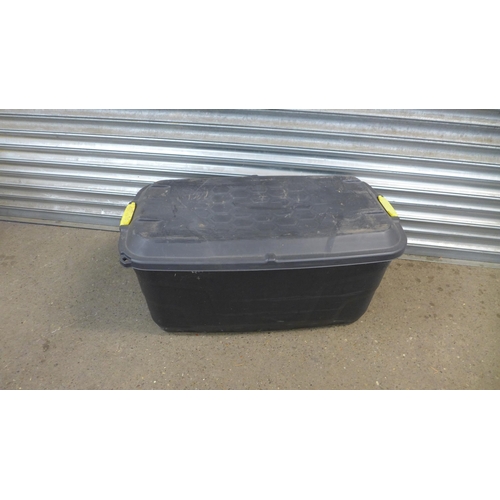 2253 - Two large black plastic mobile storage chests with lids