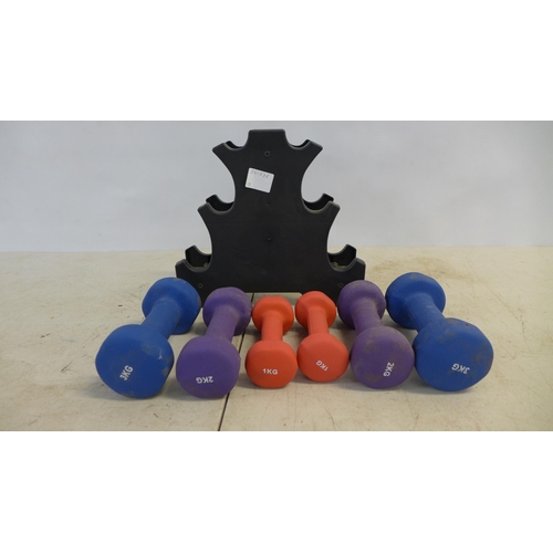 2285 - A dumbbell weight set including 3kg, 2kg and 1kg dumbbells