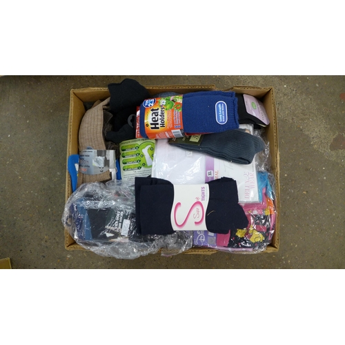 2291 - 3 Boxes of assorted winter clothing; coats, socks, hats, thermals, boxers, scarves, etc. all unused