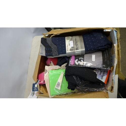 2292 - 3 Boxes of assorted winter clothing; hats, socks, scarves, thermal clothing etc.