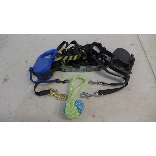 2298 - A dog bed, three dog leads, dog bowls, a dog coat and dog toys