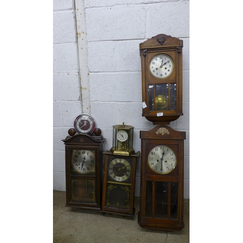 2338 - A collection of six clocks; 4 long cased wall clocks and 2 mantel clocks including President 31 day,... 