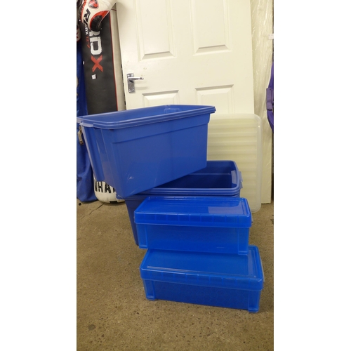 2344 - Two 6.5l Really Useful blue coloured plastic storage boxes with lids and three larger plastic storag... 