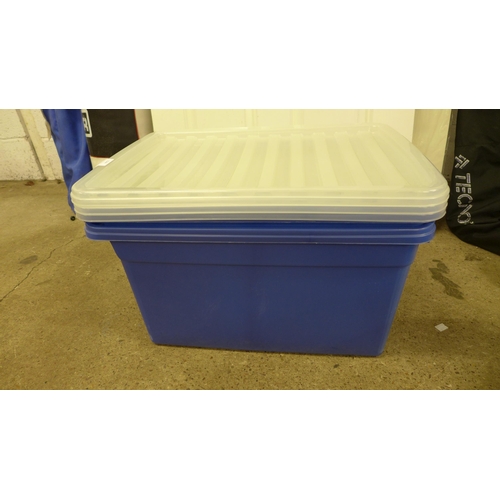 2344 - Two 6.5l Really Useful blue coloured plastic storage boxes with lids and three larger plastic storag... 