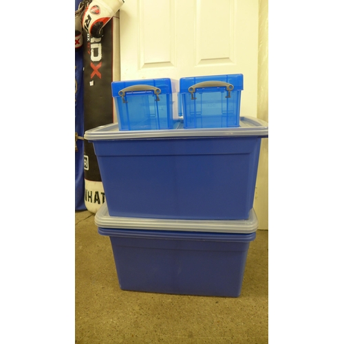 2344 - Two 6.5l Really Useful blue coloured plastic storage boxes with lids and three larger plastic storag... 