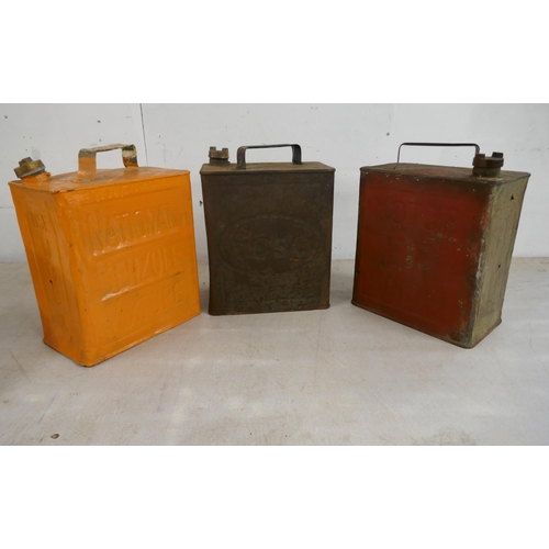 2354 - 3 Vintage fuel cans all with brass caps including BP Motor Spirit, Esso and a 1930s National Benzole