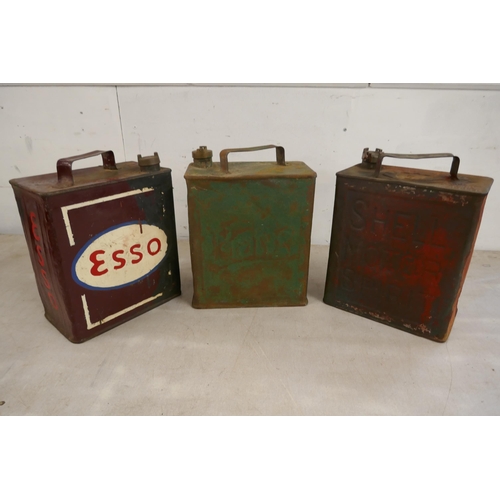 2355 - 3 Vintage petrol tanks all with brass caps including Esso (repainted), Shell Motor Spirits and Pratt... 