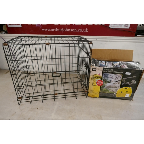 2361 - An AA car essentials HPW100 high pressure jet washer in box and a folding metal dog cage