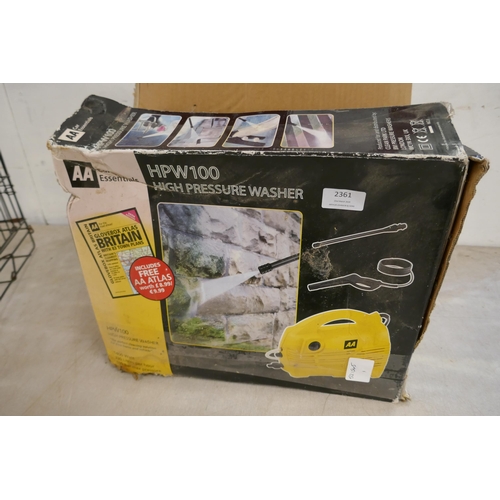 2361 - An AA car essentials HPW100 high pressure jet washer in box and a folding metal dog cage