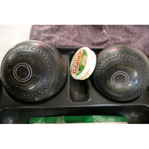 2364 - A set of four lawn bowls in case; two Tyrolite 4 7/8 Bias 3 and two Eclipse 5 Bias 3 by Jaques of Lo... 