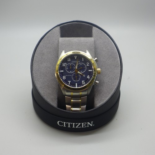 2108 - A men's Citizen Eco-Drive stainless steel chronograph wristwatch with blue dial and two tone bracele... 