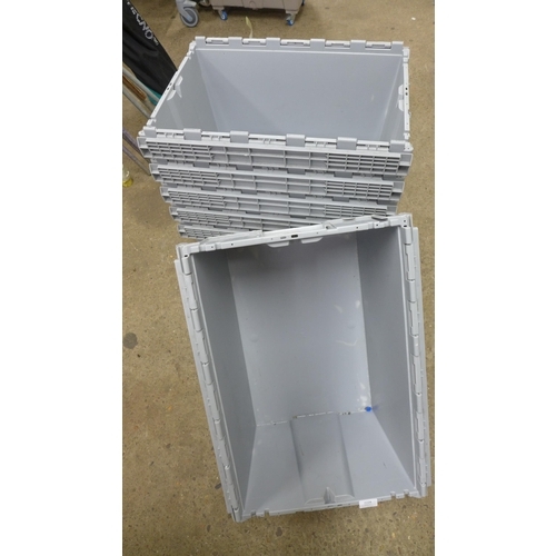 2228 - 6 Grey plastic stackable storage baskets, depth 1ft x length 2ft x width 18