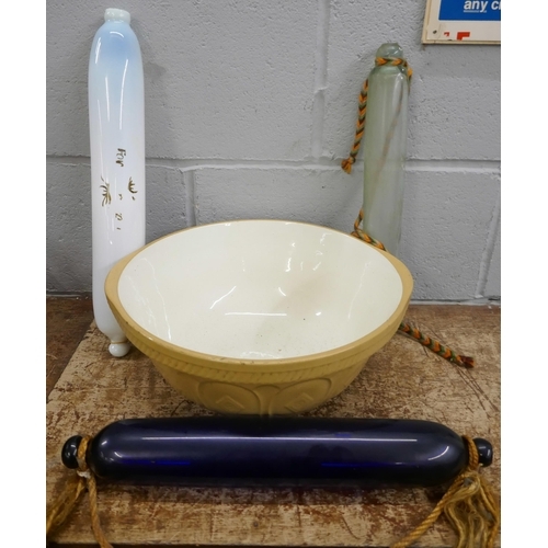 1128 - Three glass rolling pins, blue, clear and opaque, and a Gresley mixing bowl **PLEASE NOTE THIS LOT I... 