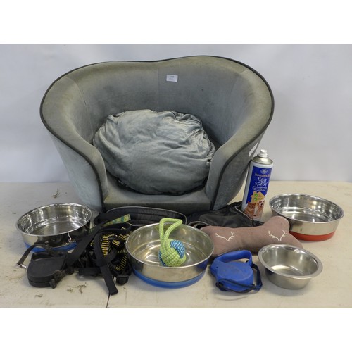 2298 - A dog bed, three dog leads, dog bowls, a dog coat and dog toys