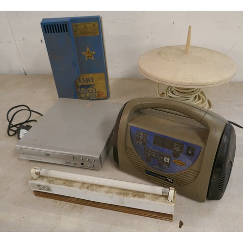 2363 - A box of various electrical items including a Ring portable power battery, a Jaguar club inverter, a... 