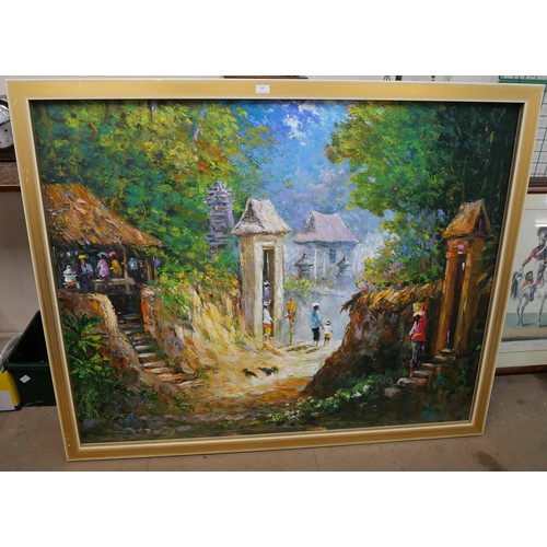 350 - A large Bali village scene, oil on canvas, framed