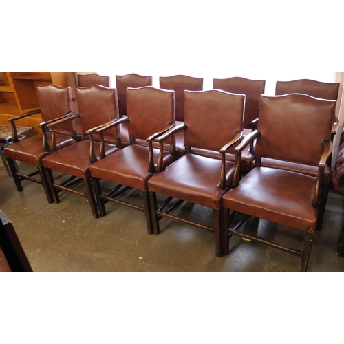 195 - A set of ten elm and faux brown leather library chairs