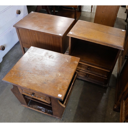 265 - An oak bureau, folding chair, a teak sewing box and two others