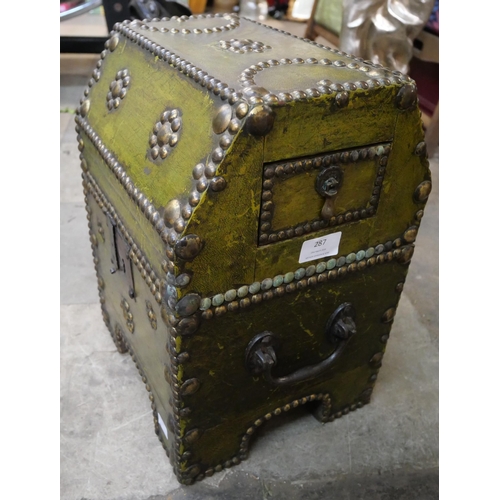 287 - A continental green leather and brass mounted chest