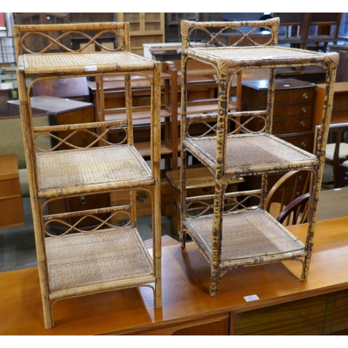 89 - A pair of Italian bamboo and rattan three tier whatnots