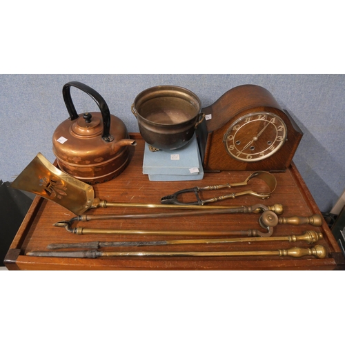 311 - A brass companion set, a cutlery set, a barometer, etc.