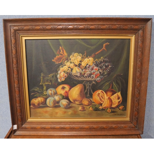 315 - F. Houldsworth, still life of fruit, oil on canvas, A.W.D, still life of wine glass, watercolour, da... 