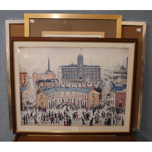 320 - A limited edition L.S. Lowry print, The Old Town Hall, framed two other Lowry prints