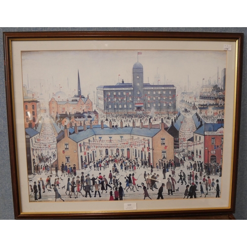 320 - A limited edition L.S. Lowry print, The Old Town Hall, framed two other Lowry prints