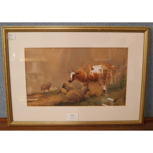 321 - English School (early 20th Century), landscape with cattle and sheep, watercolour, indistinctly sign... 