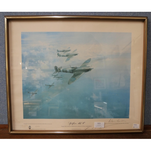 323 - A limited edition Frank Wootton Battle of Britain print, Spitfire MK.V signed by the artist and Sir ... 