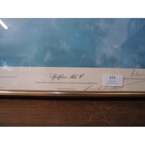 323 - A limited edition Frank Wootton Battle of Britain print, Spitfire MK.V signed by the artist and Sir ... 